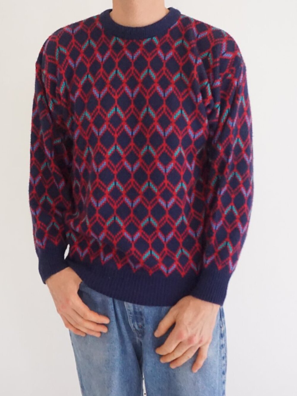 Vintage '80s Bronzini Navy Red Diamond Pattern Knit Sweater Geometric Design L